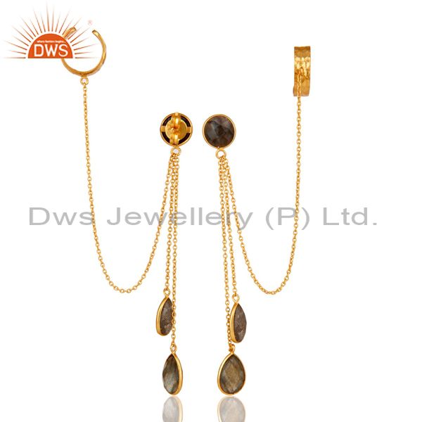 Exporter 18K Yellow Gold Plated Sterling Silver Labradorite Chain Ear Cuff Earrings
