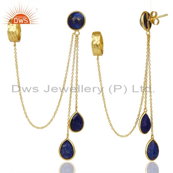 Exporter 18K Yellow Gold Plated 925 Sterling Silver Lapis Lazuli Chain Ear Cuff Earrings
