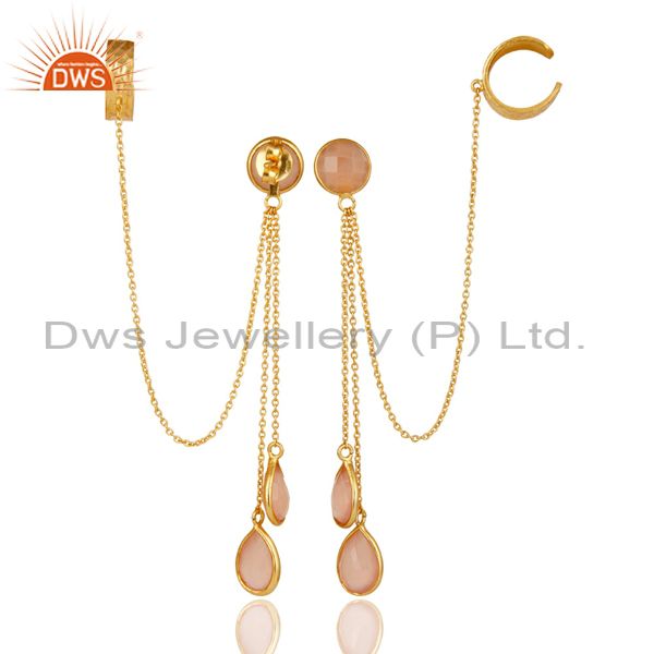 Exporter 18K Gold Plated Sterling Silver Rose Chalcedony Fashion Chain Ear Cuff Earring