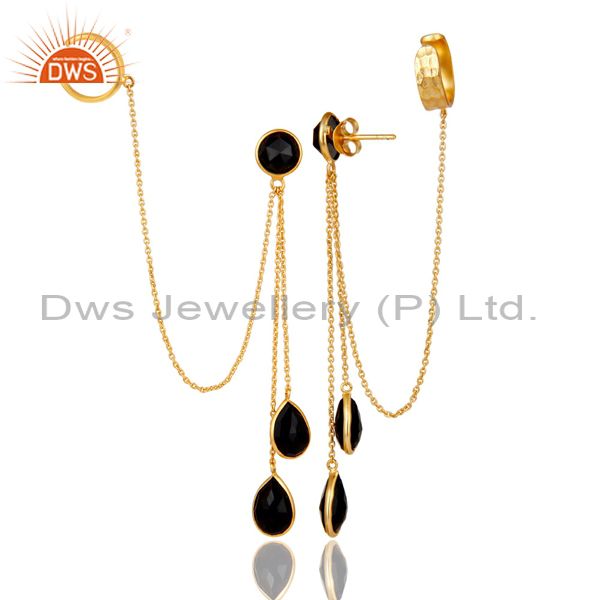 Exporter 18K Yellow Gold Plated Sterling Silver Black Onyx Womens Ear Cuff Earrings