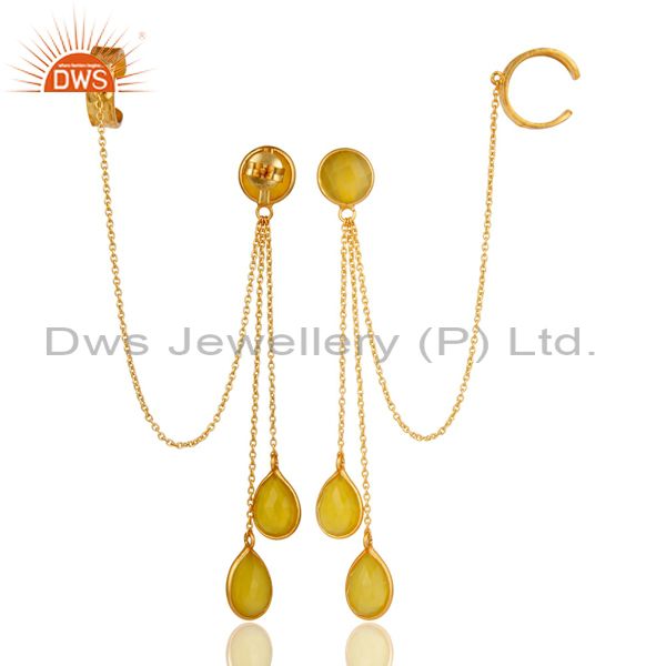 Exporter 18K Gold Plated Sterling Silver Yellow Chalcedony Fashion Chain Ear Cuff Earring