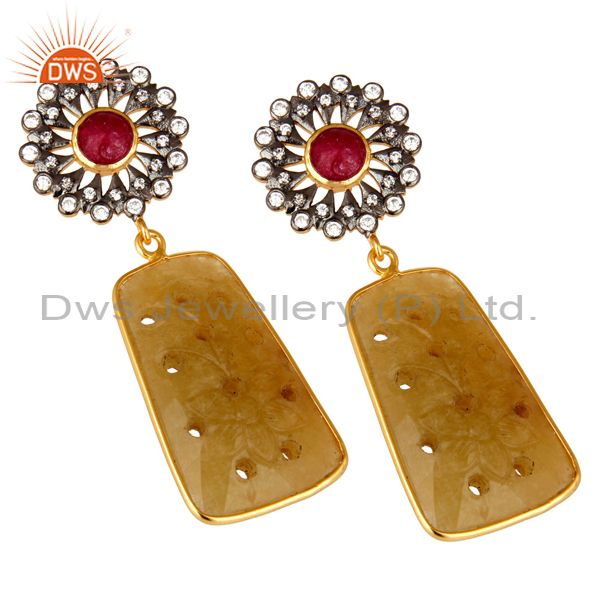 Exporter 22K Gold Plated Sterling Silver Yellow Sapphire Carved Dangle Earrings With CZ