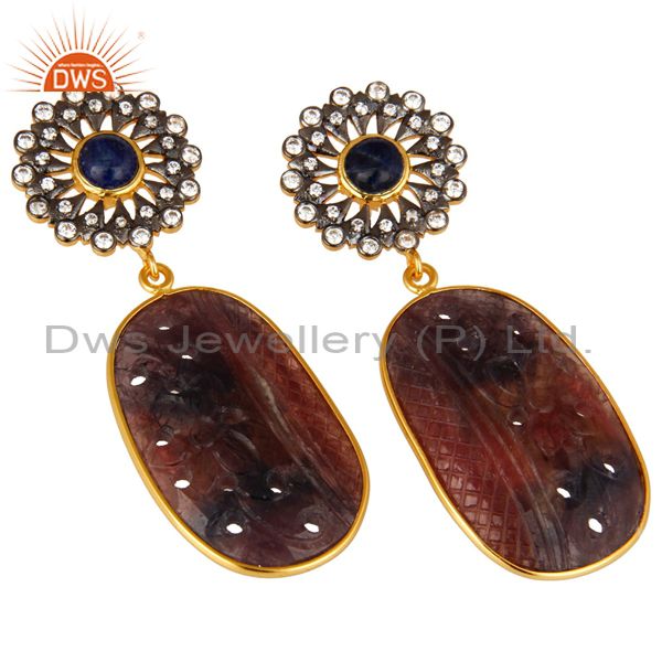 Exporter 22K Gold Plated Sterling Silver Multi Sapphire Carved Dangle Earrings With CZ