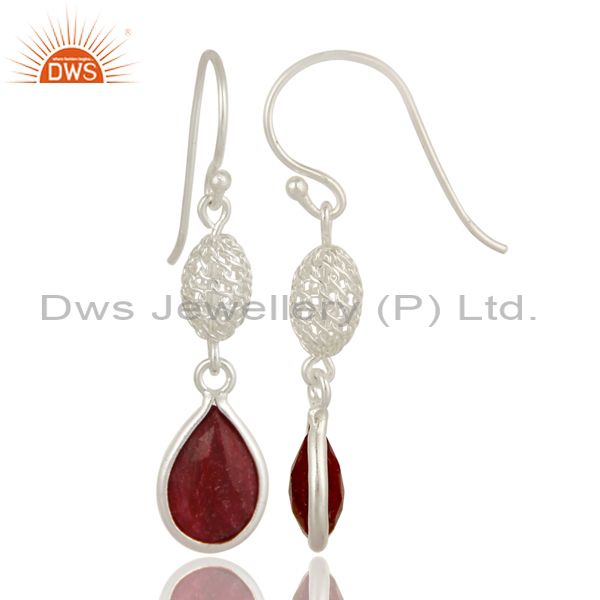Exporter 925 Sterling Silver Ruby Red Corundum Bezel-Set Drop Earrings