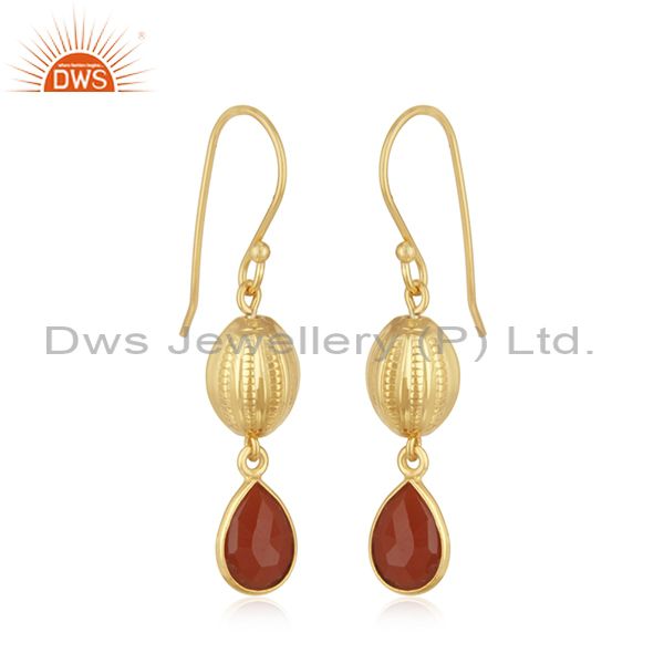 Exporter 14k Gold Plated Sterling Silver Natural Red Onyx Gemstone Drop Earrings