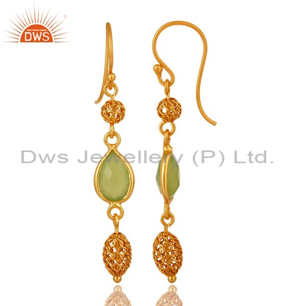 Exporter 18K Gold Over Sterling Silver Dyed Green Chalcedony Dangle Earrings