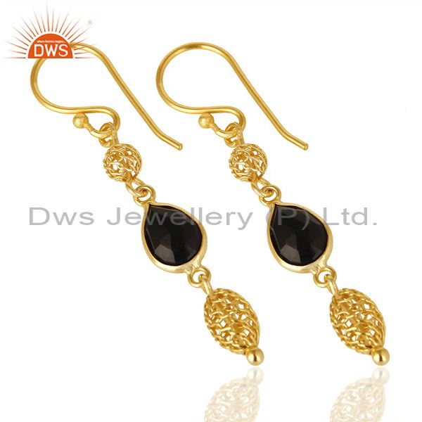 Exporter Black Onyx Dangle 14K Yellow Gold Plated 925 Sterling Silver Earrings Jewelry
