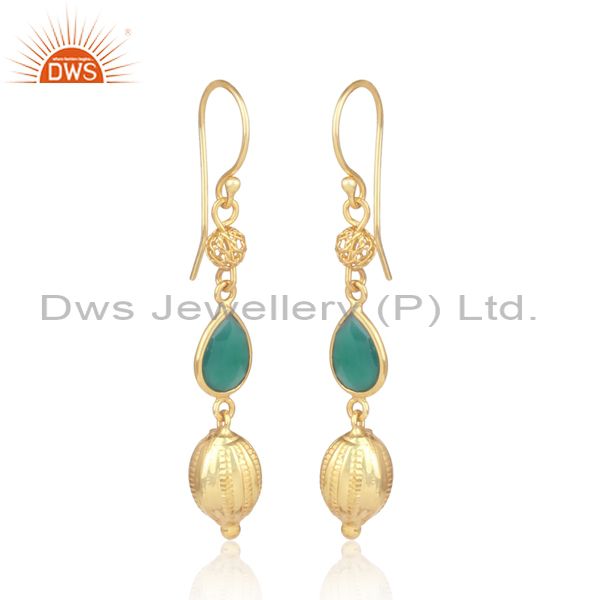 Exporter 18K Gold Over Sterling Silver Green Onyx Gemstone Dangle Earrings