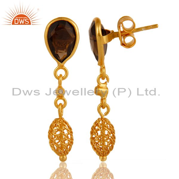 Exporter Natural Smoky Quartz Sterling Silver Drop Earrings With Yellow Gold Plated