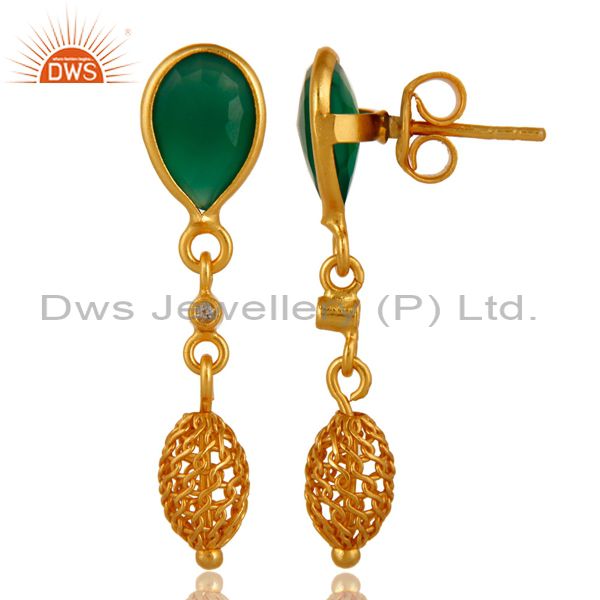 Exporter Natural Faceted Green Onyx Sterling Silver Bezel-Set Earrings - Gold Plated