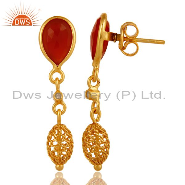 Exporter White Topaz And Red Onyx Drop Earrings in 18K Gold Over Sterling Silver