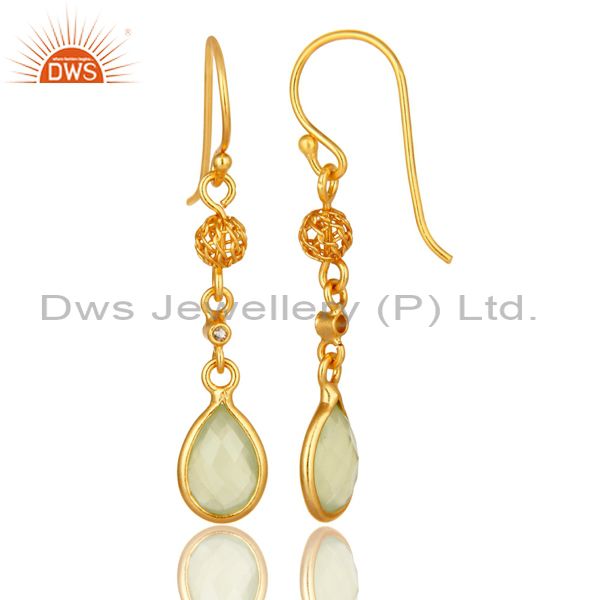 Exporter Gold Plated Sterling Silver Green Chalcedony And White Topaz Dangle Earrings