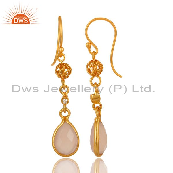 Exporter 18K Yellow Gold Over Sterling Silver Rose Chalcedony Gemstone Dangle Earrings