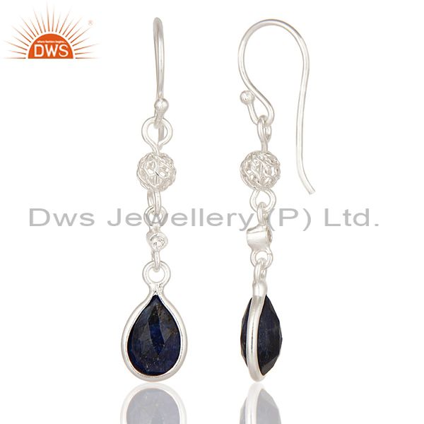 Exporter Natural Blue Sapphire & White Topaz 925 Solid Sterling Silver Dangle Earrings