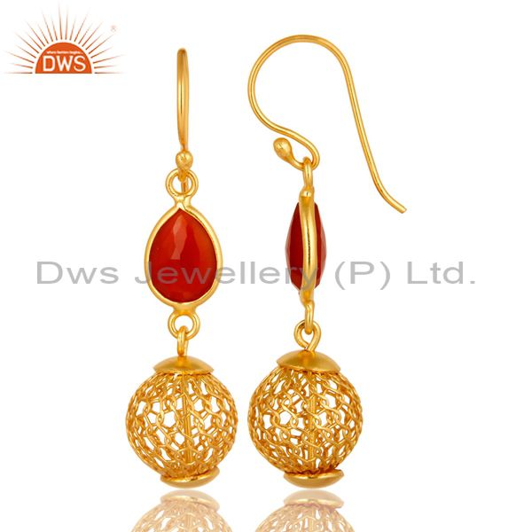 Exporter 925 Sterling Silver Red Onyx Designer Earrings With Gold Plated