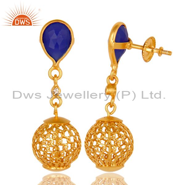 Exporter 18K Yellow Gold Plated Sterling Silver Blue Chalcedony Designer Dangle Earrings