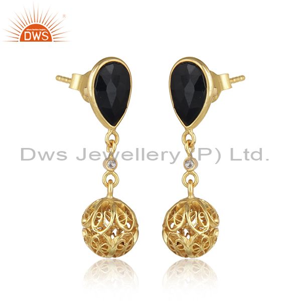 Suppliers 22K Yellow Gold Plated 925 Sterling Silver Black Onyx Dangle Earrings Jewelry