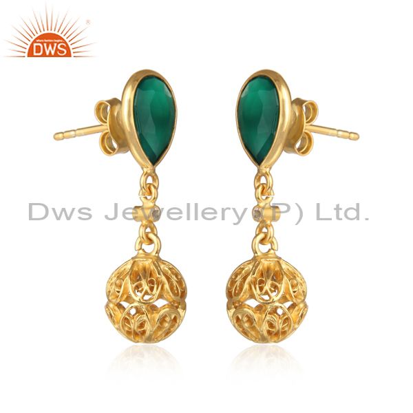 925 Sterling Silver Green Onyx Gemstone Drop Earrings With Gold Plated