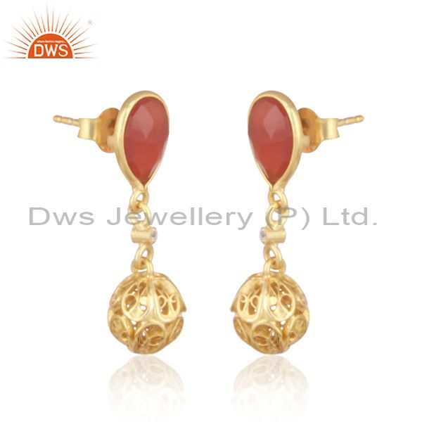 Exporter 14K Yellow Gold Plated Sterling Silver CZ And Red Onyx Designer Dangle Earrings