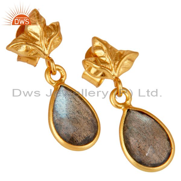 Exporter 18K Gold Plated Sterling Silver Natural Labradorite Dangle Drop Stud Earrings