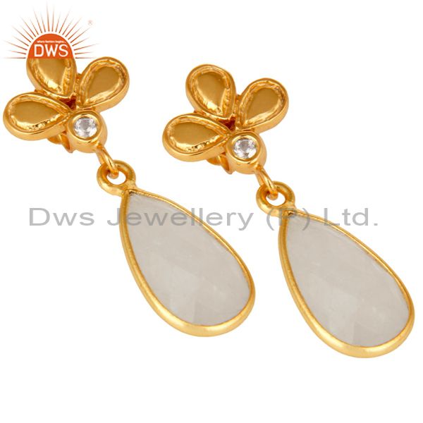 Exporter 18K Gold Plated Rainbow Moonstone and White Topaz Sterling Silver Dangle Earring
