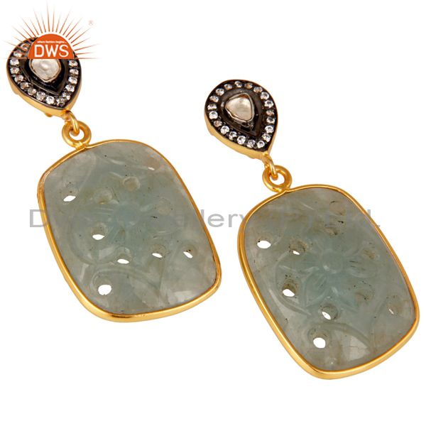 Exporter Blue Sapphire Carving and Crystal 18K Gold Plated Sterling Silver Drop Earring