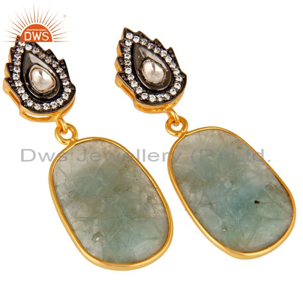 Exporter 18k Gold Over Sterling Silver Blue Sapphire Carving And CZ Polki Drop Earrings
