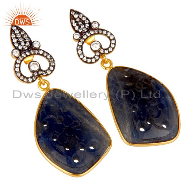 Exporter 22K Gold Plated Sterling Silver Blue Sapphire Carving Dangle Earrings With CZ