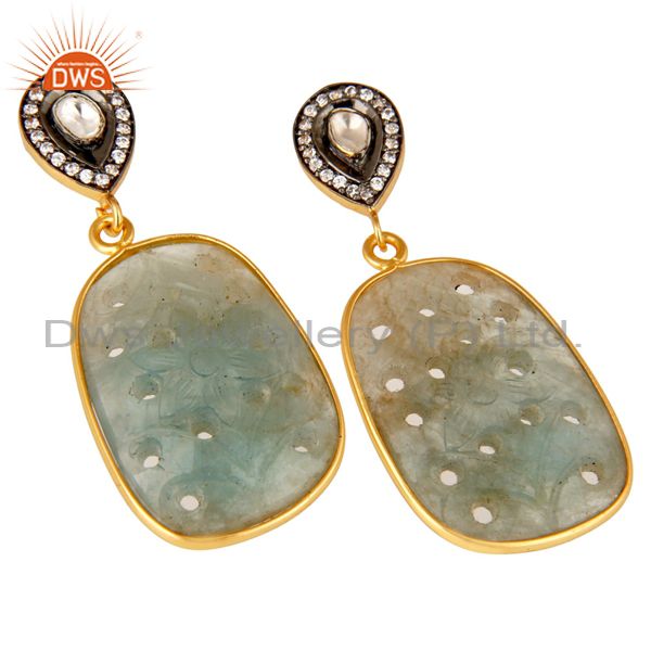Exporter 18k Gold Plated Sterling Silver Blue Sapphire Carving And CZ Polki Drop Earrings