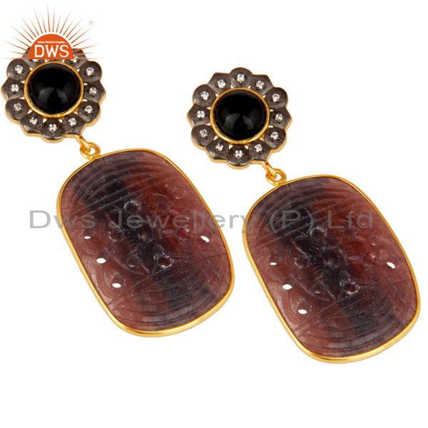Exporter Black Onyx and Sapphire Carving 18K Gold Plated Sterling Silver Lovely Earring