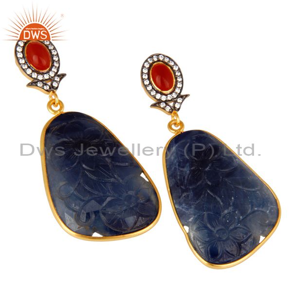 Exporter Carved Blue Sapphire And Red Onyx 22K Gold Over Sterling Silver Dangle Earrings