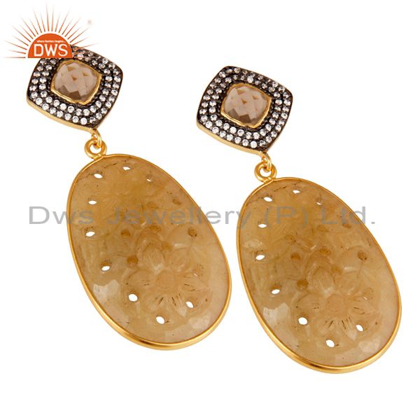 Exporter Sapphire Carving and Smokey Drop Earring 18K Gold Plated 925 Silver