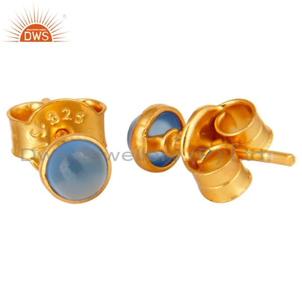 Exporter 14K Yellow Gold Plated Sterling Silver Aqua Chalcedony Bezel Set Stud Earrings
