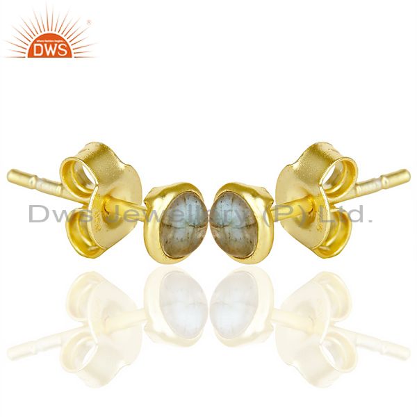 Exporter Natual Labrodorite Cabochon Tiny 4MM Round Stud 14 K Gold Plated Earring