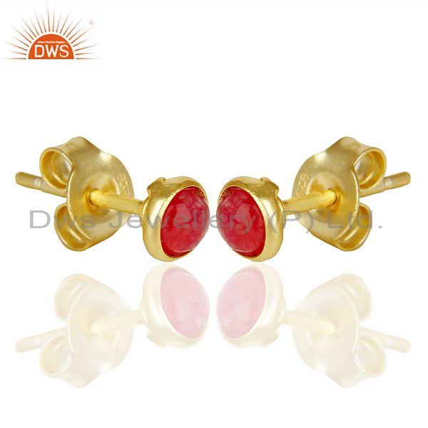 Exporter Natual Red Aventurine Cabochon Tiny 4MM Round Stud 14 K Gold Plated Earring