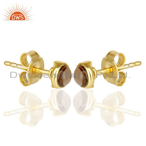 Exporter Smoky Topaz Cabochon Tiny 4MM Round Stud 14 K Gold Plated Earring