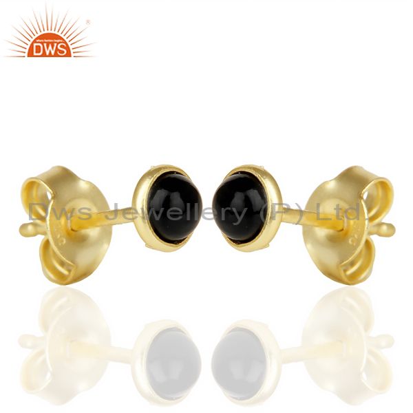 Exporter Black ONyx Cabochon Tiny 4MM Round Stud 14 K Gold Plated Earring