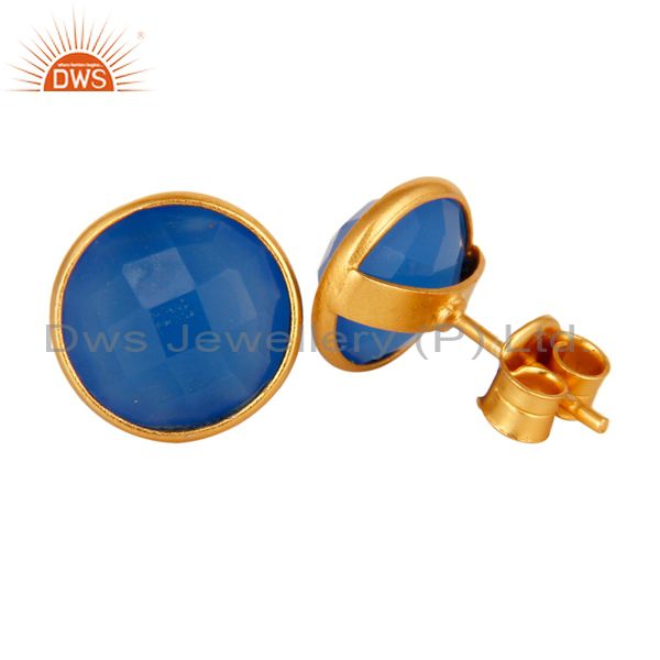 Exporter Dyed Aqua Blue Chalcedony Gemstone Stud Earrings In 18K Gold On Sterling Silver