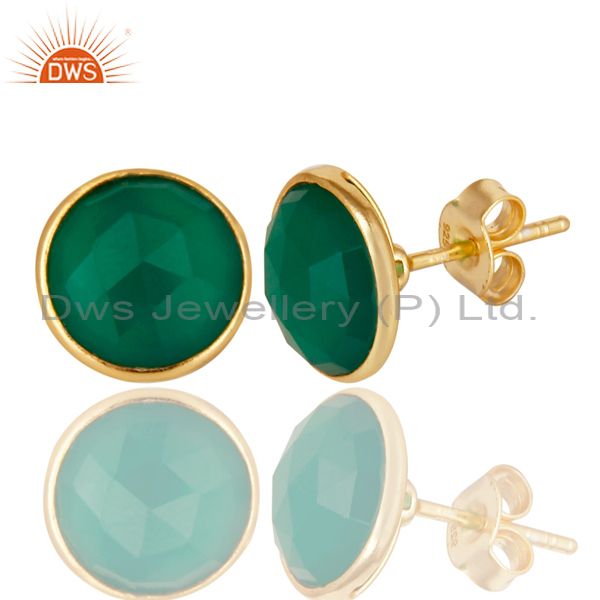 Exporter 14K Yellow Gold Plated 925 Sterling Silver Green Onyx Gemstone Studs Earrings