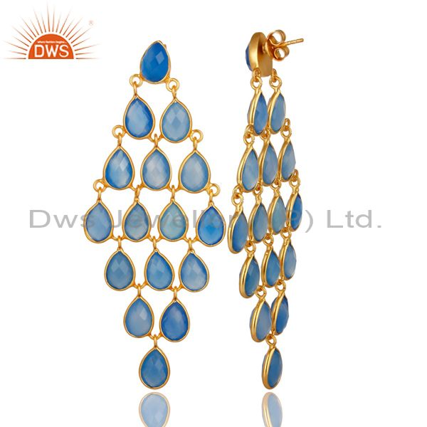 Exporter 18K Yellow Gold Over Sterling Silver Blue Chalcedony Chandelier Earrings