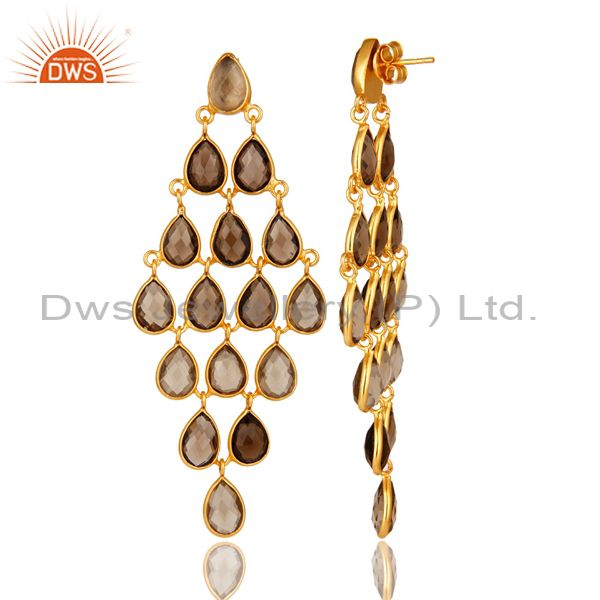 Exporter Smoky Quartz Gemstone Sterling Silver Chandelier Earrings With Gold Plated