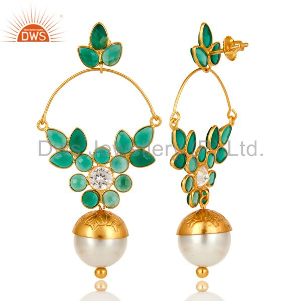 Exporter 14K Gold Plated Sterling Silver Pearl And Green Onyx Designer Earrings With CZ