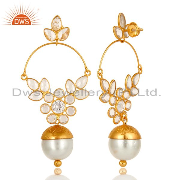 Exporter 14K Yellow Gold Plated Sterling Silver Pearl And Cubic Zirconia Designer Earring