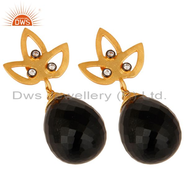 Exporter 24K Yellow Gold Plated Sterling Silver Black Onyx Gemstone Drop Earrings With CZ