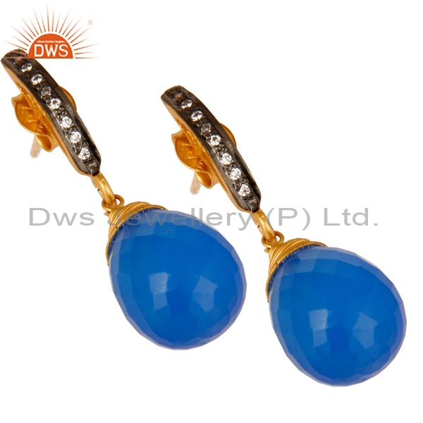 Exporter 14K Yellow Gold Plated Sterling Silver Blue Chalcedony Drop Earrings With CZ