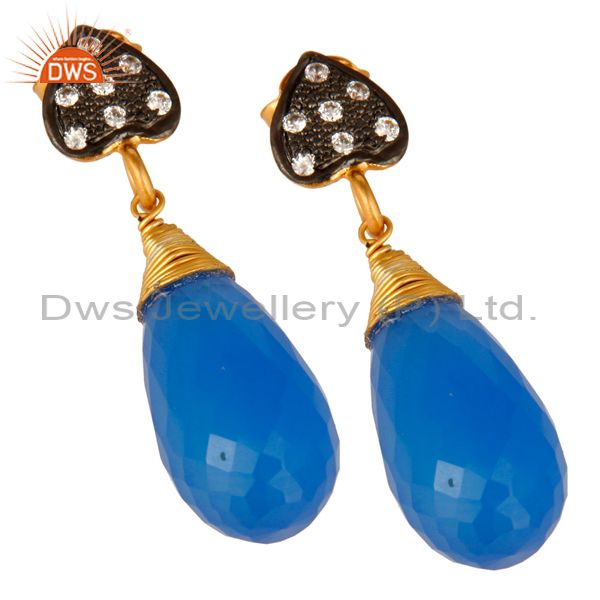 Exporter 18K Yellow Gold Plated Sterling Silver Blue Chalcedony Gemstone Drop Earrings