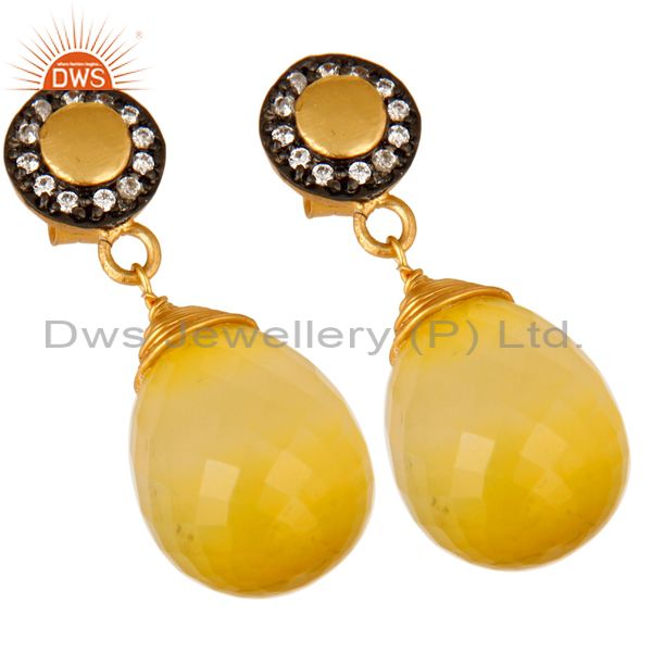 Exporter 14K Gold Plated Sterling Silver Faceted Yellow Moonstone Drop Earrings With CZ