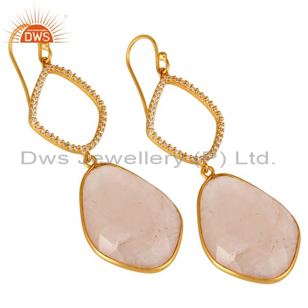 Exporter 18K Yellow Gold Plated Sterling Silver Rose Quartz And CZ Dangle Earrings