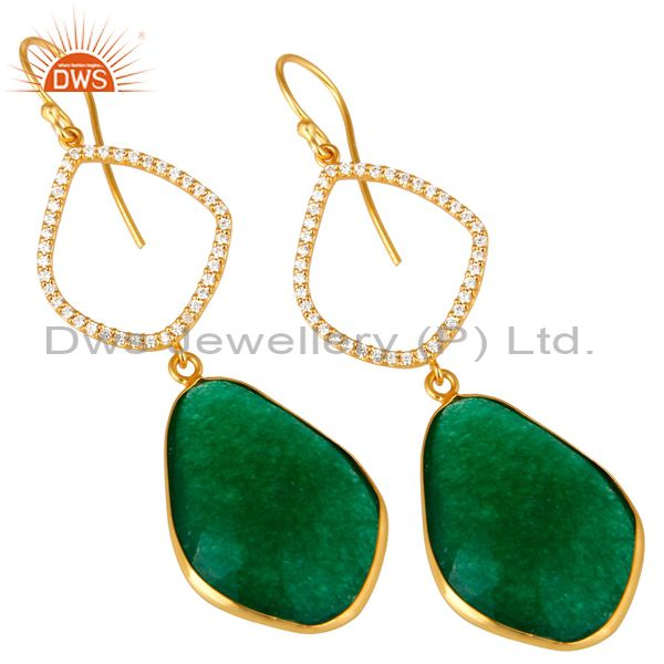 Exporter 18K Yellow Gold Plated Sterling Silver Green Onyx Bezel Dangle Earrings With CZ