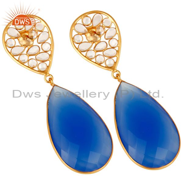 Exporter 18K Yellow Gold Plated Sterling Silver Blue Chalcedony Bezel Set Dangle Earrings